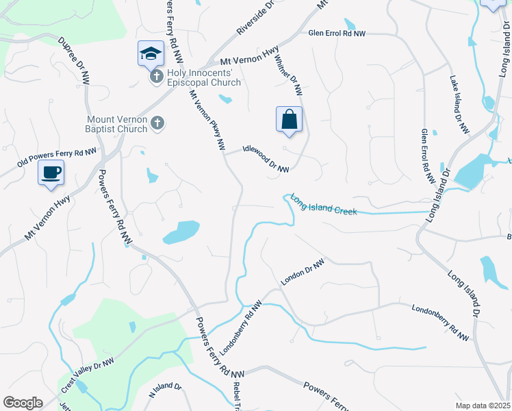 map of restaurants, bars, coffee shops, grocery stores, and more near 5405 Mount Vernon Parkway Northwest in Sandy Springs