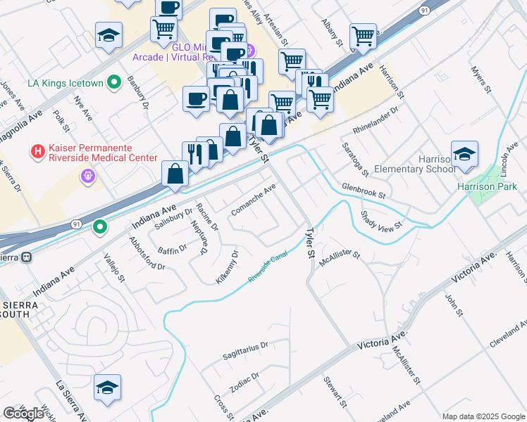 map of restaurants, bars, coffee shops, grocery stores, and more near 3242 Winnebago Lane in Riverside