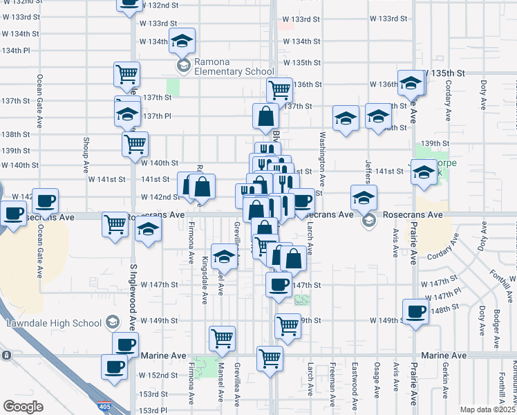 map of restaurants, bars, coffee shops, grocery stores, and more near 4419 West Rosecrans Avenue in Hawthorne