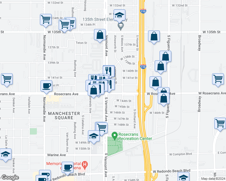 map of restaurants, bars, coffee shops, grocery stores, and more near 835 Rosecrans Avenue in Gardena