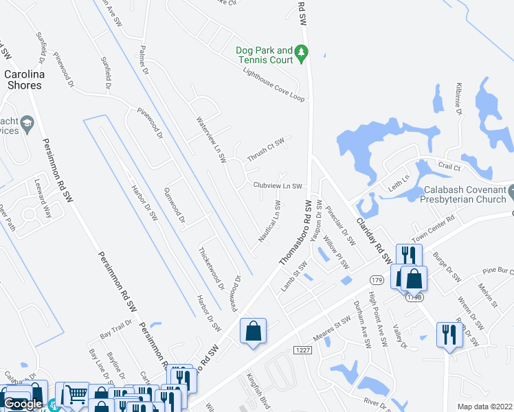 map of restaurants, bars, coffee shops, grocery stores, and more near 1098 Gull Ct SW in Calabash