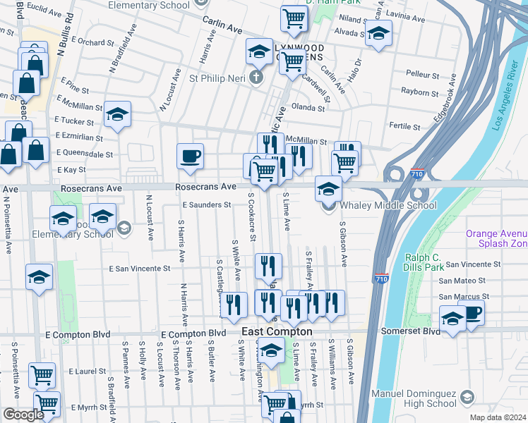 map of restaurants, bars, coffee shops, grocery stores, and more near 14417 Atlantic Avenue in Compton
