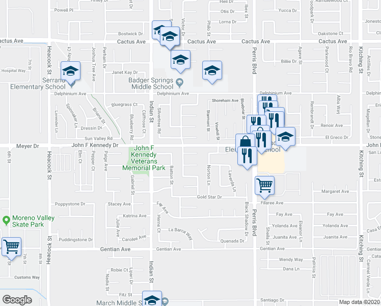 map of restaurants, bars, coffee shops, grocery stores, and more near 24737 Goldston Court in Moreno Valley