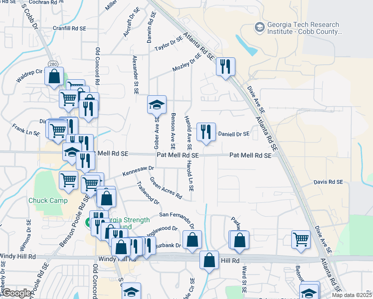 map of restaurants, bars, coffee shops, grocery stores, and more near 2086 Harold Avenue Southeast in Smyrna