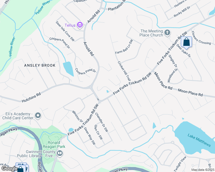 map of restaurants, bars, coffee shops, grocery stores, and more near 2455 Five Forks Trickum Road Southwest in Lawrenceville