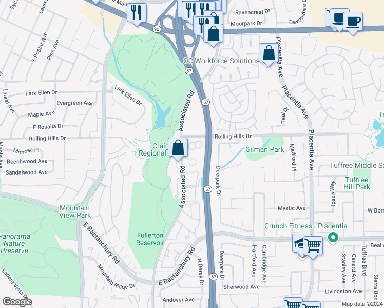map of restaurants, bars, coffee shops, grocery stores, and more near 2732 Quail Ridge Circle in Fullerton