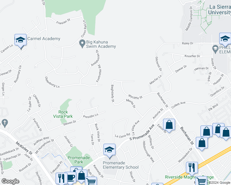 map of restaurants, bars, coffee shops, grocery stores, and more near 851 Baghdady Street in Corona