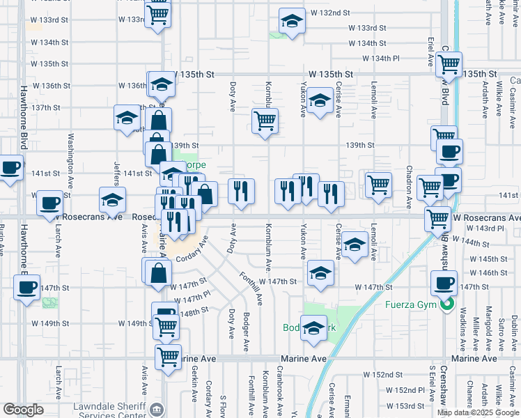 map of restaurants, bars, coffee shops, grocery stores, and more near 14114 Fonthill Avenue in Hawthorne