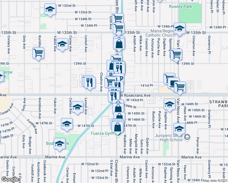 map of restaurants, bars, coffee shops, grocery stores, and more near 14115 Crenshaw Boulevard in Hawthorne