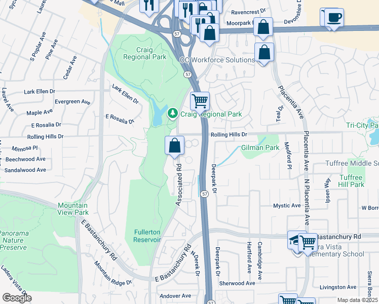 map of restaurants, bars, coffee shops, grocery stores, and more near 2782 Pine Creek Circle in Fullerton