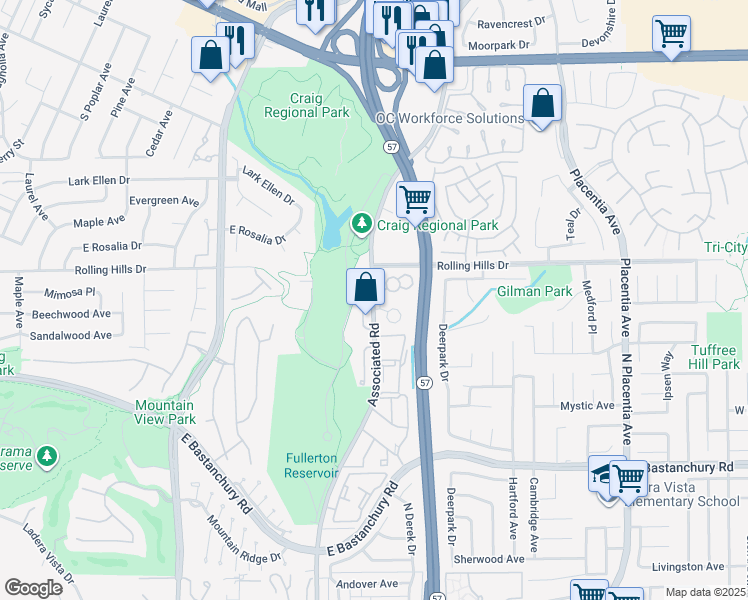 map of restaurants, bars, coffee shops, grocery stores, and more near 2598 Associated Road in Fullerton