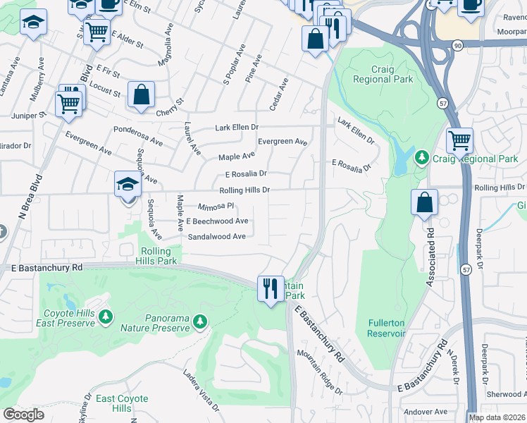 map of restaurants, bars, coffee shops, grocery stores, and more near 1832 Rolling Hills Drive in Fullerton