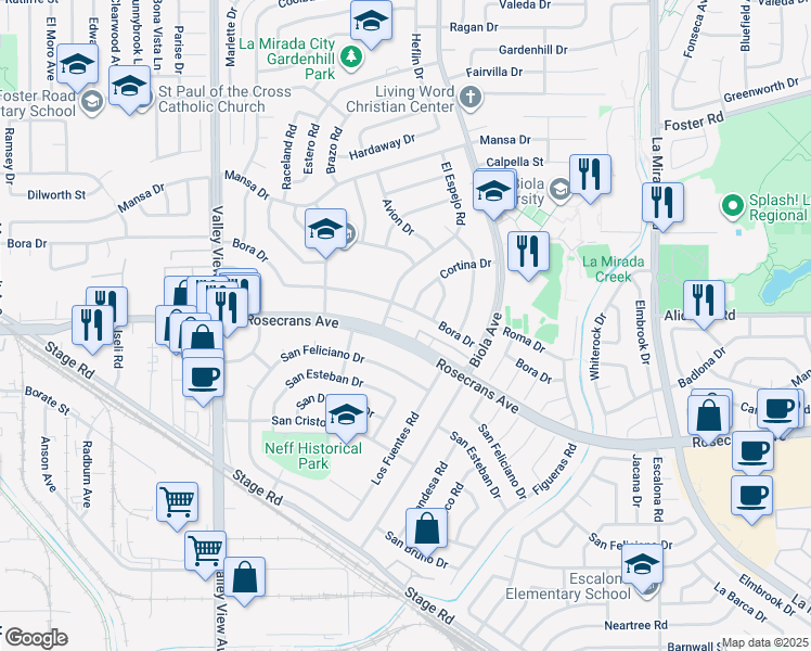 map of restaurants, bars, coffee shops, grocery stores, and more near 14527 Cortina Drive in La Mirada