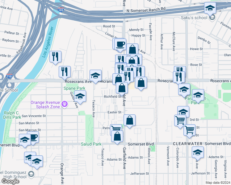 map of restaurants, bars, coffee shops, grocery stores, and more near 7330 Rosecrans Avenue in Paramount