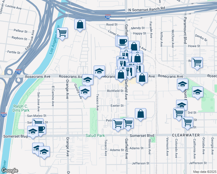 map of restaurants, bars, coffee shops, grocery stores, and more near 7258 Rosecrans Avenue in Paramount