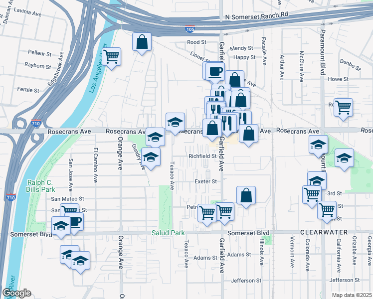map of restaurants, bars, coffee shops, grocery stores, and more near 7258 Rosecrans Avenue in Paramount