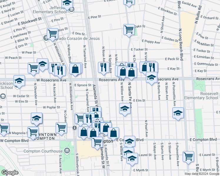 map of restaurants, bars, coffee shops, grocery stores, and more near 1005 North Rose Avenue in Compton