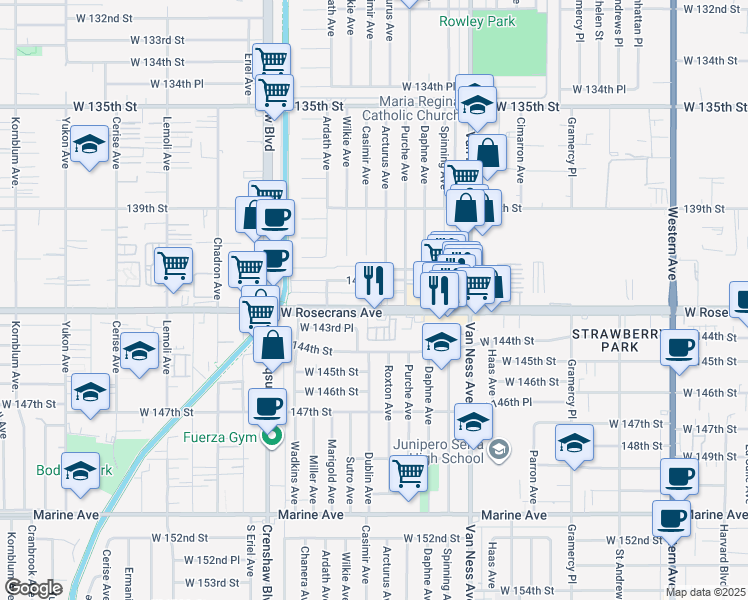 map of restaurants, bars, coffee shops, grocery stores, and more near 2516 West 141st Street in Gardena