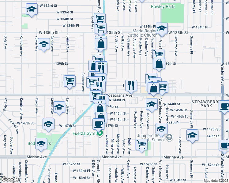 map of restaurants, bars, coffee shops, grocery stores, and more near 2911 141st Place in Gardena