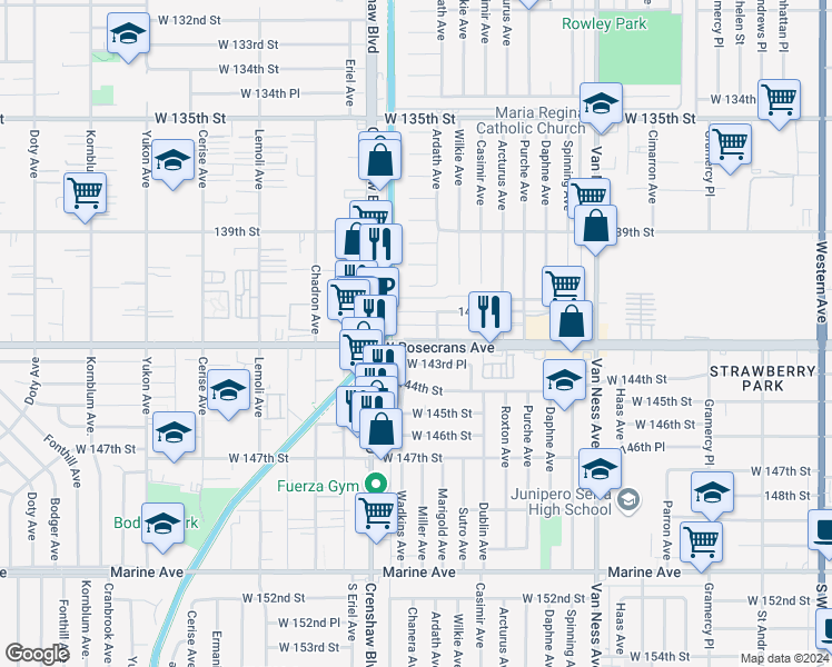 map of restaurants, bars, coffee shops, grocery stores, and more near 2911 141st Place in Gardena