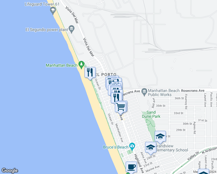 map of restaurants, bars, coffee shops, grocery stores, and more near 244 Kelp Street in Manhattan Beach