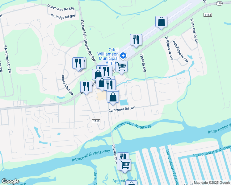 map of restaurants, bars, coffee shops, grocery stores, and more near 1553 Denton St SW in Ocean Isle Beach