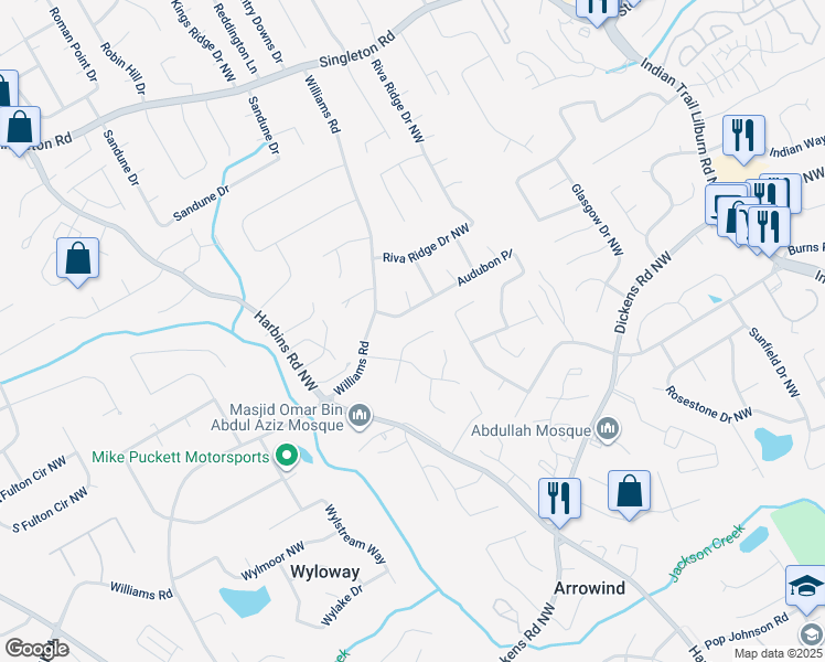 map of restaurants, bars, coffee shops, grocery stores, and more near 5282 Audubon Place in Norcross