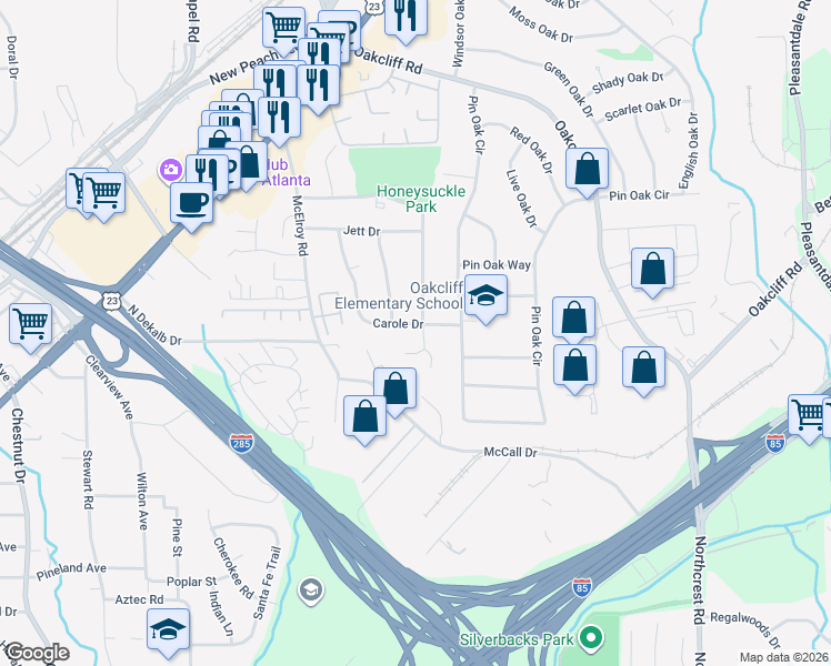 map of restaurants, bars, coffee shops, grocery stores, and more near 3785 Maryland Drive in Doraville
