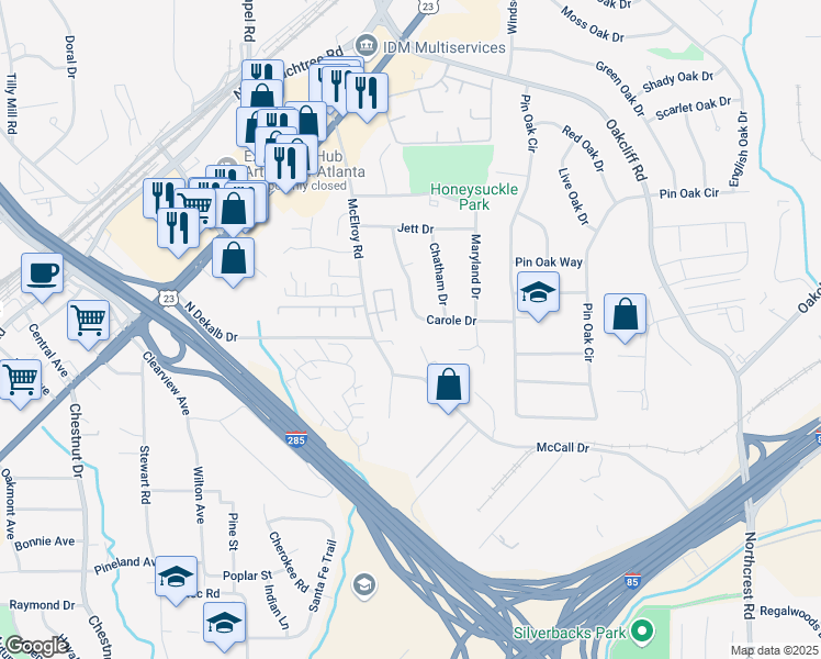 map of restaurants, bars, coffee shops, grocery stores, and more near 3794 Carole Drive in Doraville