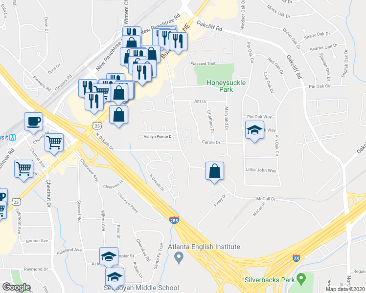 map of restaurants, bars, coffee shops, grocery stores, and more near 3775 Oxford Circle in Atlanta
