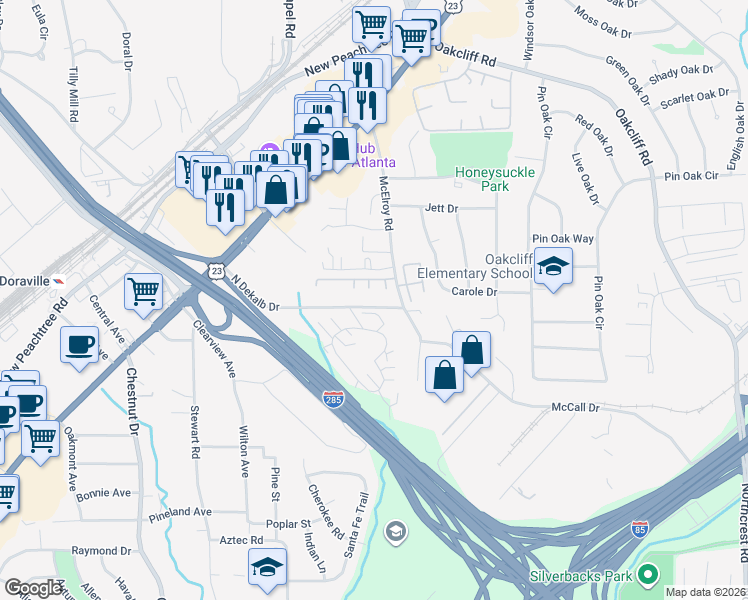 map of restaurants, bars, coffee shops, grocery stores, and more near 2962 North Dekalb Drive in Doraville