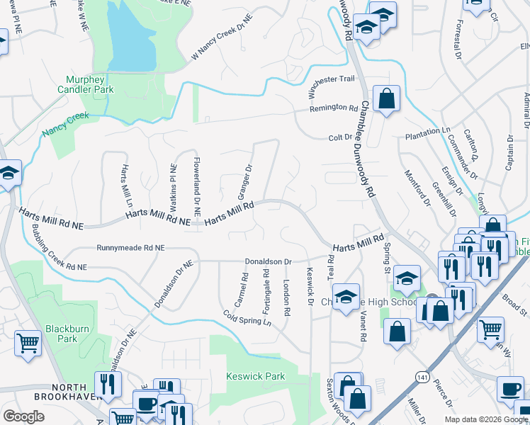 map of restaurants, bars, coffee shops, grocery stores, and more near 1775 Huntingdon Chase in Sandy Springs