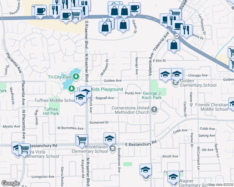 map of restaurants, bars, coffee shops, grocery stores, and more near 338 Purdy Avenue in Placentia
