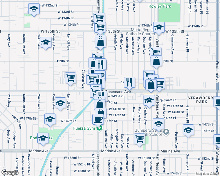 map of restaurants, bars, coffee shops, grocery stores, and more near 2911 141st Place in Gardena