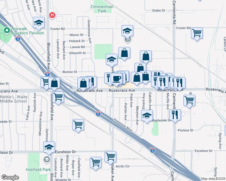map of restaurants, bars, coffee shops, grocery stores, and more near Rosecrans Ave & Shoemaker Ave in Norwalk