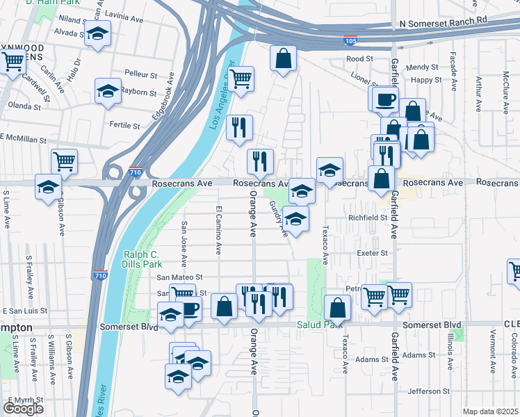 map of restaurants, bars, coffee shops, grocery stores, and more near 14416 Orange Avenue in Paramount