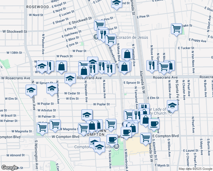 map of restaurants, bars, coffee shops, grocery stores, and more near 214 Rosecrans Avenue in Compton