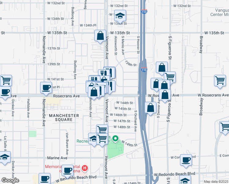 map of restaurants, bars, coffee shops, grocery stores, and more near 14124 Ainsworth Street in Gardena