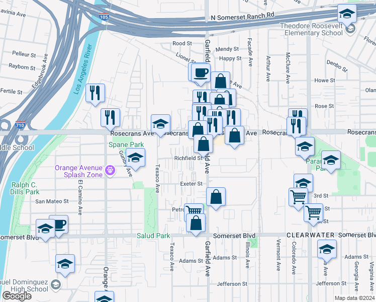 map of restaurants, bars, coffee shops, grocery stores, and more near 7317 Richfield Street in Paramount
