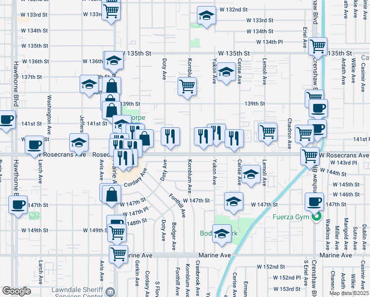 map of restaurants, bars, coffee shops, grocery stores, and more near 14114 Fonthill Avenue in Hawthorne