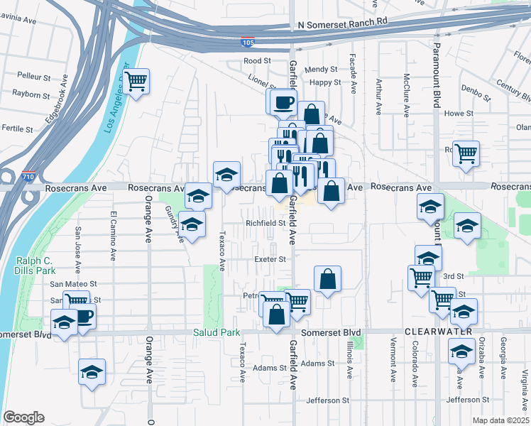 map of restaurants, bars, coffee shops, grocery stores, and more near 7317 Richfield Street in Paramount