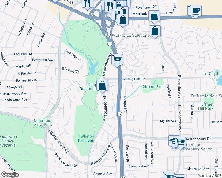 map of restaurants, bars, coffee shops, grocery stores, and more near 2782 Pine Creek Circle in Fullerton
