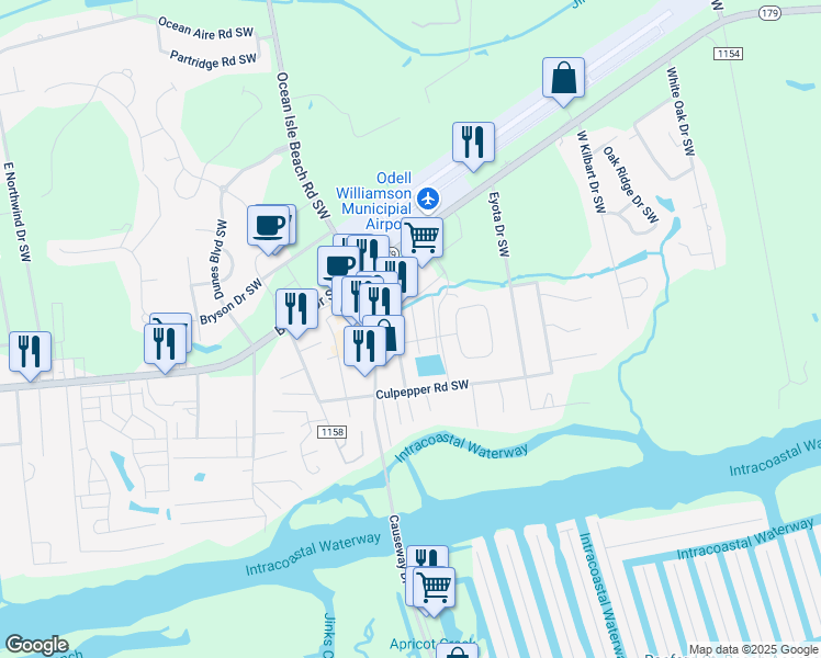 map of restaurants, bars, coffee shops, grocery stores, and more near 1553 Denton St SW in Ocean Isle Beach