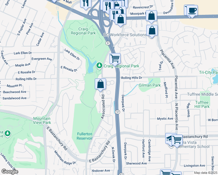 map of restaurants, bars, coffee shops, grocery stores, and more near 2733 Pine Creek Circle in Fullerton