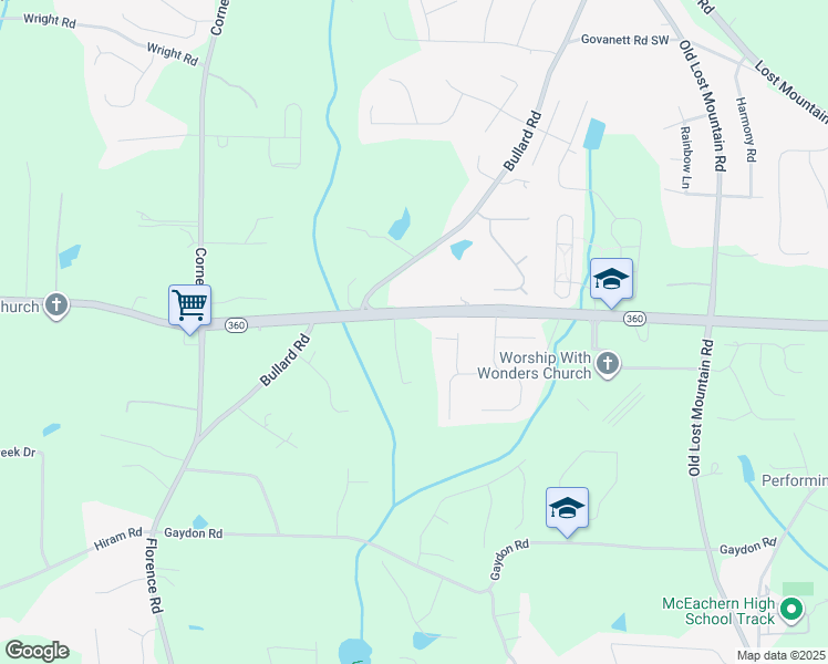 map of restaurants, bars, coffee shops, grocery stores, and more near 4980 Georgia 360 in Powder Springs