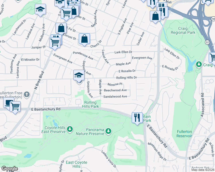 map of restaurants, bars, coffee shops, grocery stores, and more near 1624 Mimosa Place in Fullerton