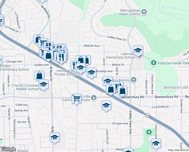 map of restaurants, bars, coffee shops, grocery stores, and more near 17151 Marda Avenue in Yorba Linda