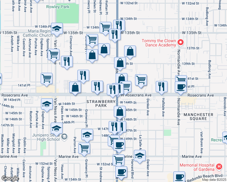 map of restaurants, bars, coffee shops, grocery stores, and more near 14301 South Western Avenue in Gardena