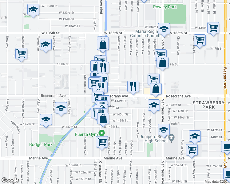 map of restaurants, bars, coffee shops, grocery stores, and more near 2909 West Rosecrans Avenue in Gardena