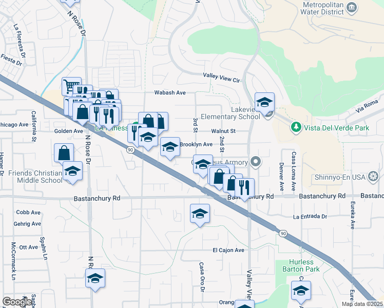 map of restaurants, bars, coffee shops, grocery stores, and more near 17221 Marda Avenue in Yorba Linda